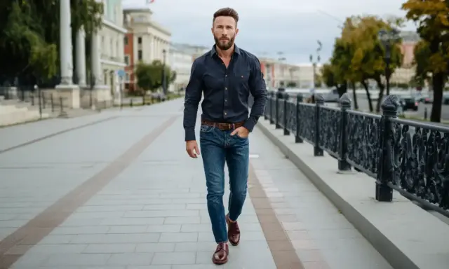 Mężczyzna w granatowej koszuli i jeansach, prezentujący stylowe koszula jeansowa męska stylizacje, idzie ulicą.