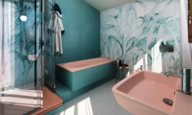 Bagno tropicale con vasca e lavabo rosa, doccia con carta da parati floreale. Idee per come rinnovare il bagno senza togliere le piastrelle.
