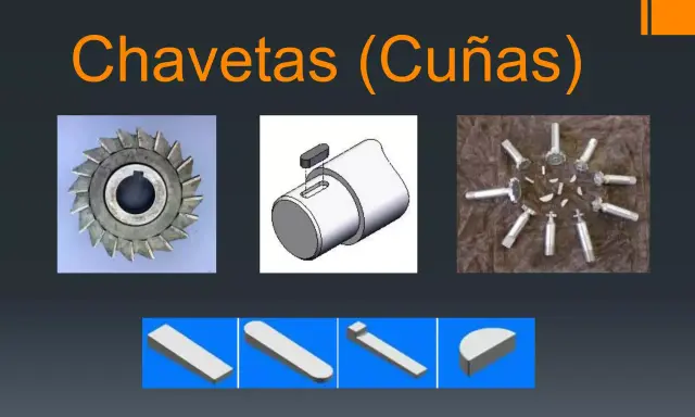 Diferentes tipos de chavetas y cuñas, incluyendo una rueda dentada, un eje con una chaveta insertada y varias chavetas sueltas.