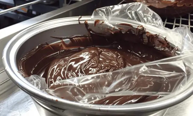 Ganache au chocolat, prête à refroidir au congélateur dans un bol en métal, recouverte d'une pellicule plastique.