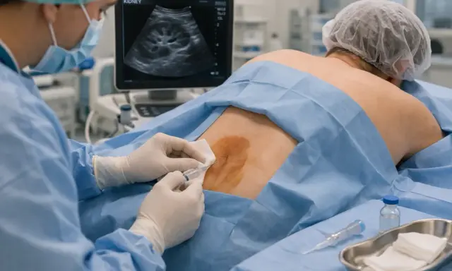 Lekarz wykonuje nakłucie torbieli na nerce pod kontrolą USG. Pacjent leży na brzuchu, a lekarz w rękawiczkach i masce przygotowuje się do zabiegu.