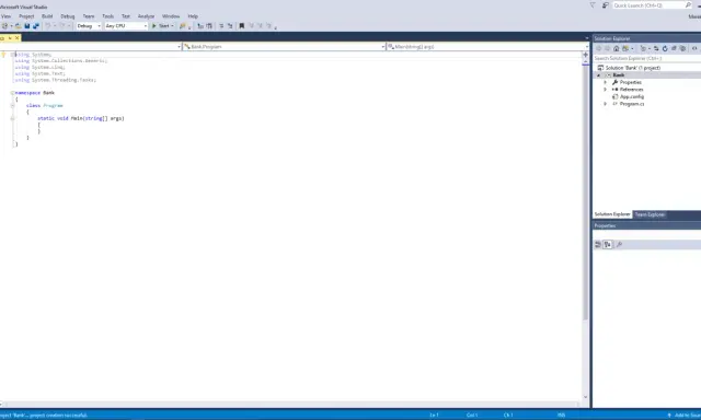 Kod C# w Visual Studio, tworzenie projektu "Bank". Widoczny jest plik Program.cs z pustą metodą Main, gotowy na implementację logiki, np. c# event handler.