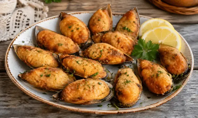 Mejillones tigre gallegos gratinados, listos para disfrutar. Una deliciosa receta gallega.