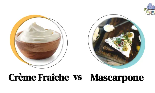 Crème fraîche on the left, mascarpone on a slice of bread with olives on the right.