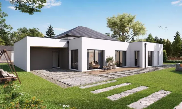 Maison plain-pied 100m2 avec garage, terrasse en bois, jardin verdoyant et balançoire. Prix attractif pour ce bien.
