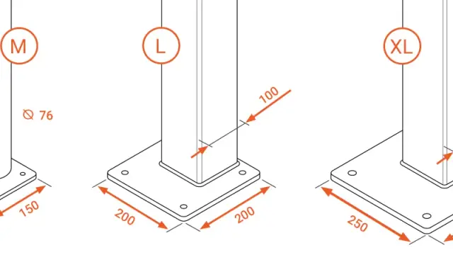 Diagrama muestra pilares S, M, L, XL con dimensiones de base y altura. La distancia entre pilares varía según el tamaño.