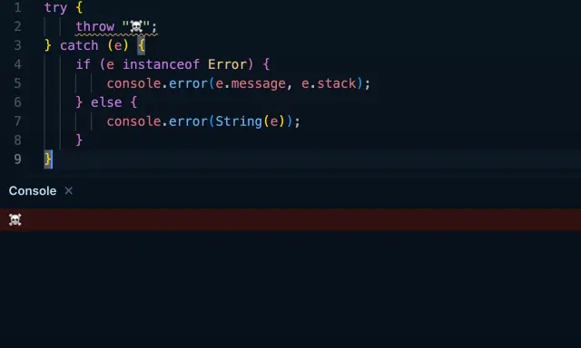 Kod JavaScript z blokiem `try...catch`. `if (e instanceof Error)` sprawdza typ błędu.