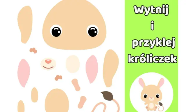 Proste wycinanki dla dzieci do druku: elementy do złożenia uroczego króliczka.
