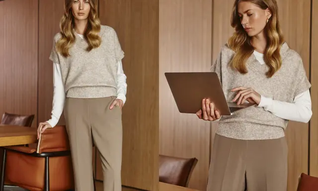 Elegancki strój damski: beżowy sweter bez rękawów na białej bluzce, brązowe spodnie. Kobieta z laptopem.