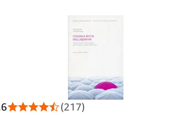 Okładka książki "Odwaga bycia nielubianym" z różowym parasolem wśród białych.