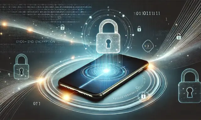 Telefon z symbolami kłódek i tekstem "END-TO-END ENCRYPTION" ilustruje zaawansowane metody szyfrowania.