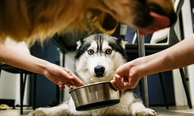 Siberian husky z niebieskimi oczami czeka na jedzenie. Dwie ręce podają mu miskę, a nad nim widać pysk innego psa. Czy w misce jest ryż dla psa?
