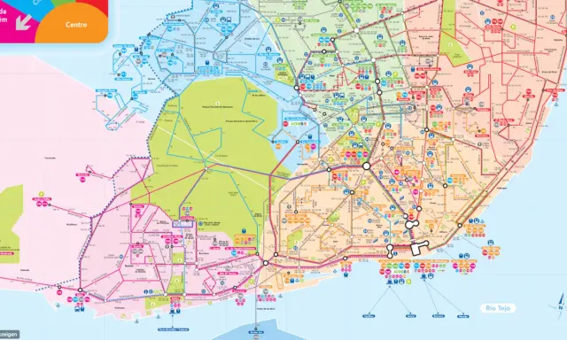 Karte des Nahverkehrs Lissabon mit Linien und Haltestellen. Zeigt Metro, Busse und Züge.
