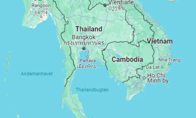Karta över Sydostasien med Thailand, Bangkok och Pattaya. Här kan du se vilket språk man pratar i Thailand.
