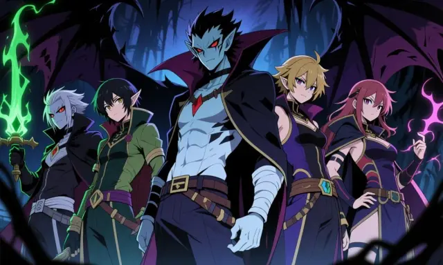 Cinq personnages au style nom de méchant, dont un vampire aux ailes noires, brandissent des armes magiques dans une forêt sombre.