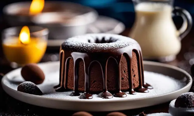 Un délicieux fondant au chocolat, nappé de glaçage et saupoudré de sucre glace, prêt à être dégusté.