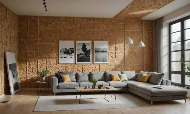 Salon moderne avec murs et plafond recouverts de **pièces en OSB**. Un canapé gris confortable, une table basse en bois et des tableaux noirs et blancs complètent l'espace.