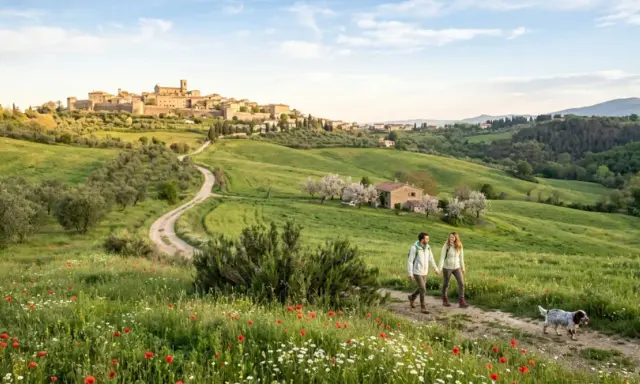 Coppia passeggia con cane tra fiori e ulivi, con un borgo medievale sullo sfondo, tipico dei borghi vicino Arezzo.