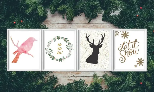 Cztery grafiki świąteczne: różowy ptak, wianek z napisem "Ho Ho Ho!", sylwetka jelenia i napis "Let it Snow" ozdobione płatkami śniegu.