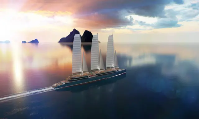 Un paquebot à voile futuriste navigue sur une mer calme au coucher du soleil, avec des voiles imposantes et des îles lointaines.