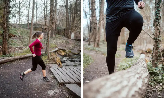 Frau und Mann joggen im Wald. Sie sind wetterfest gekleidet, um bei Regen joggen zu können.