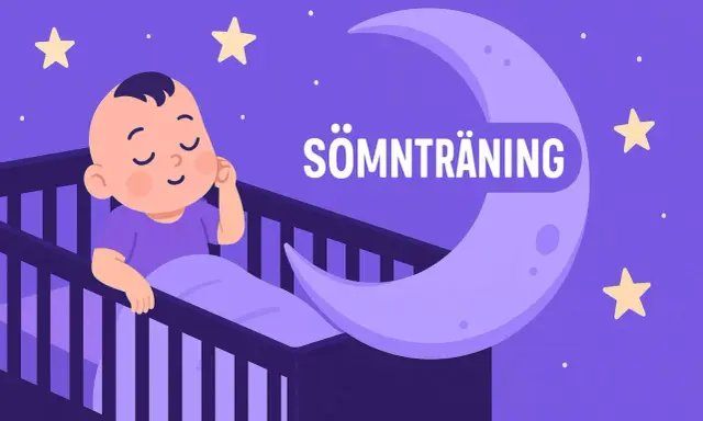 Söt sovrutin bebis i spjälsäng under en måne med texten "Sömnträning". Stjärnor lyser på natthimlen.