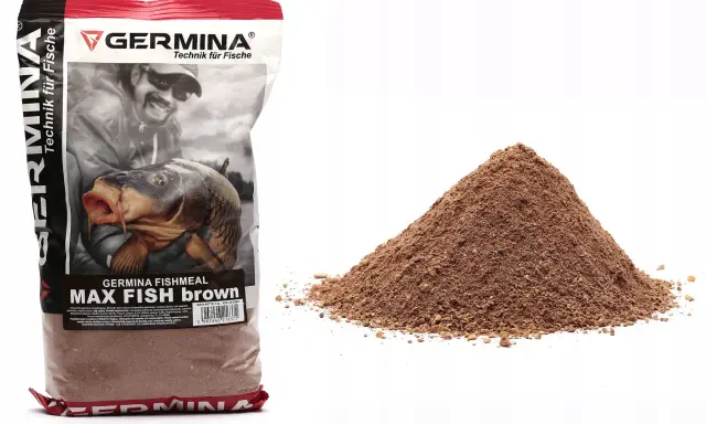 Zanęty Germina opinie: worek zanęty Max Fishmeal Brown i stożek brązowej zanęty na białym tle.