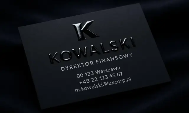 Czarna wizytówka z wypukłym, błyszczącym logo "K" i nazwiskiem "KOWALSKI", wykonana techniką lakier UV 3D.