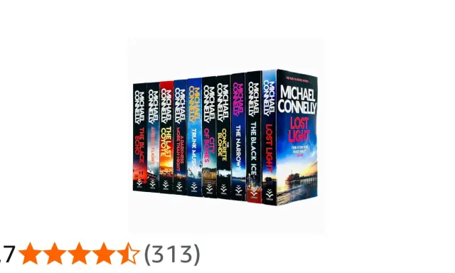 Una fila di libri di Michael Connelly, tra cui "The Black Echo", che presentano i romanzi di Harry Bosch in ordine cronologico.