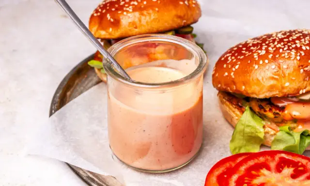 Ein Glas mit cremiger, rosafarbener beste burger sauce steht neben zwei saftigen Burgern. Ein Löffel ragt aus dem Glas.