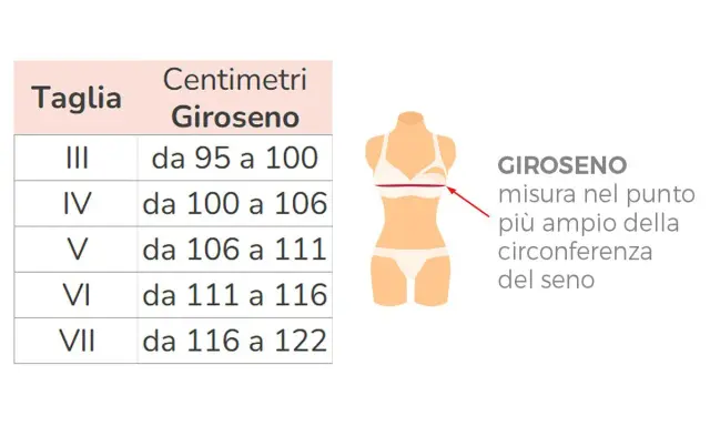 Tabella taglie con misure giroseno. La taglia IV corrisponde a 100-106 cm di circonferenza seno.