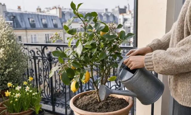 Arrosage d'un citronnier en pot sur un balcon, avec des citrons et des fleurs roses. La personne porte un pull en laine beige.