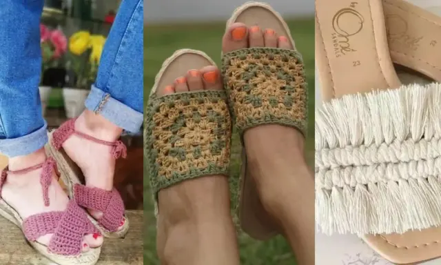 Tres pares de alpargatas de crochet para mujer: rosas con tiras, verdes y beige con diseño de granny square, y blancas con flecos.