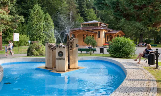 Uzdrowiskowy park w Rymanowie Zdroju z pijalnią i fontanną Celestyna. Sanatoria w tle.