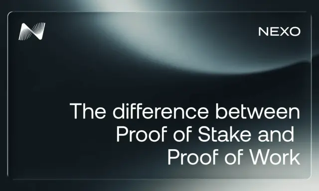 Nexo logo i tekst "The difference between Proof of Stake and Proof of Work".