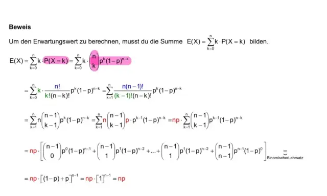 Beweis der Erwartungswert Formel: E(X) = np. Die Formel zeigt die schrittweise Berechnung des Erwartungswerts.