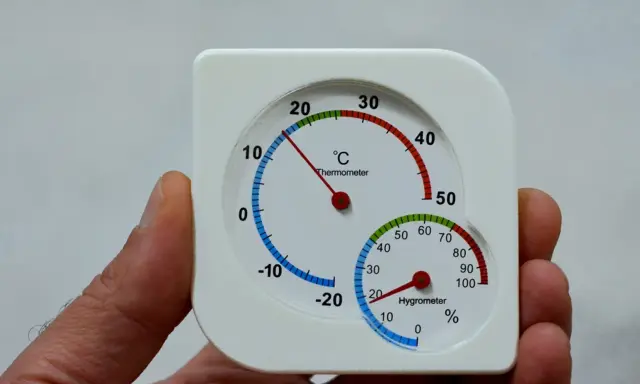 Termómetro y higrómetro en mano. La temperatura es de 10°C y la humedad es del 20%, buscando la humedad ideal.