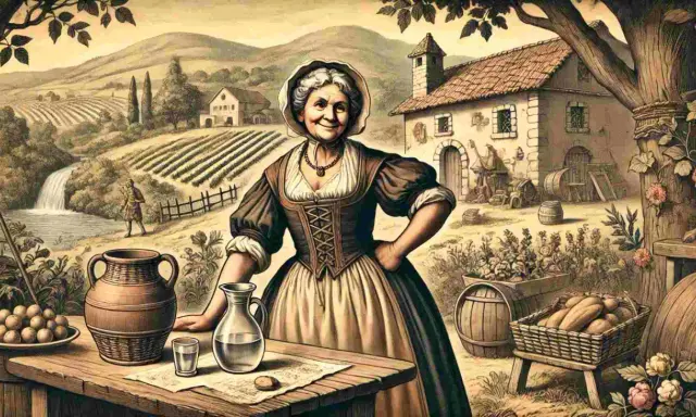 Una donna anziana, che ricorda Perpetua dei Promessi Sposi, sorride in un paesaggio rurale con vigneti e una cascata.