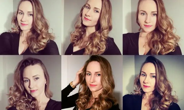 Kobieta prezentuje różne sposoby, jak zrobić loki. Jej blond włosy są pięknie pofalowane, tworząc efektowne fale.