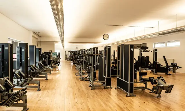 Reihe von Krafttrainingsgeräten in einem hellen Fitnessstudio. Ideal für Krafttraining bei Hexenschuss zur Stärkung der Rumpfmuskulatur.