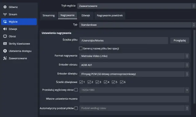 Ustawienia nagrywania wideo: ścieżka pliku, format .mkv, enkoder AOM AV1, dźwięk FFmpeg PCM, rozdzielczość 1920x1080, czyli **full HD jaka to rozdzielczość**.