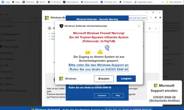 Fake Virus Meldung: Windows-Sicherheitscenter warnt vor Trojaner-Spyware. Um diese gefälschte Meldung zu entfernen, rufen Sie den Support unter 038305 8946 66 an.