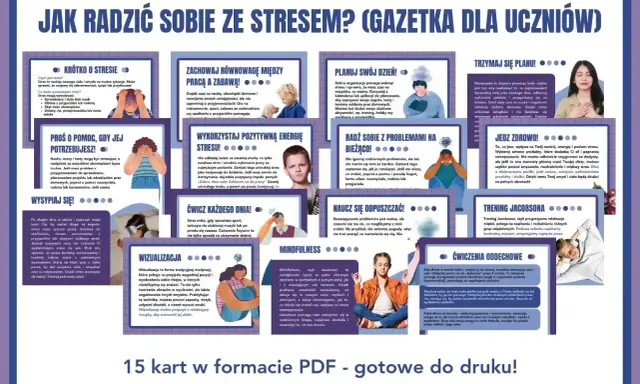 Jak uniknąć stresu? Gazetka dla uczniów podpowiada: planuj, ćwicz, jedz zdrowo, wizualizuj i ucz się odpuszczać.