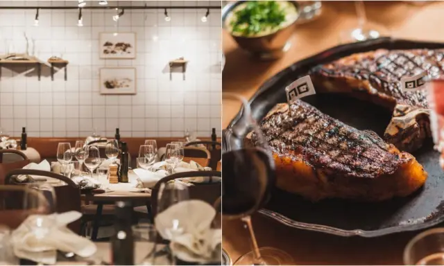 Vänster: elegant dukat bord med vita plattor på väggen. Höger: saftig biff med grillränder, redo att avnjutas på AG Jureskog.