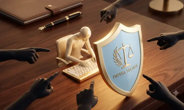 Man at keyboard surrounded by accusing fingers, shield with scales of justice. Denuncia per mobbing cosa si rischia.
