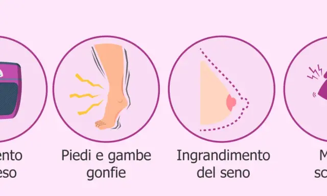 A 5 mese di gravidanza, si notano aumento di peso, piedi gonfi, seno ingrandito e mal di schiena.