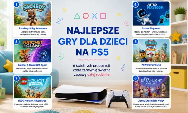 Gry na PS5 dla dziewczyn: Sackboy, Ratchet & Clank, LEGO Horizon, Astro's Playroom, Psi Patrol i Disney Dreamlight Valley.