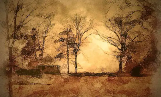 Monochrome art depicts bare trees in a hazy, sepia-toned landscape. A low, dark structure sits in the middle ground.