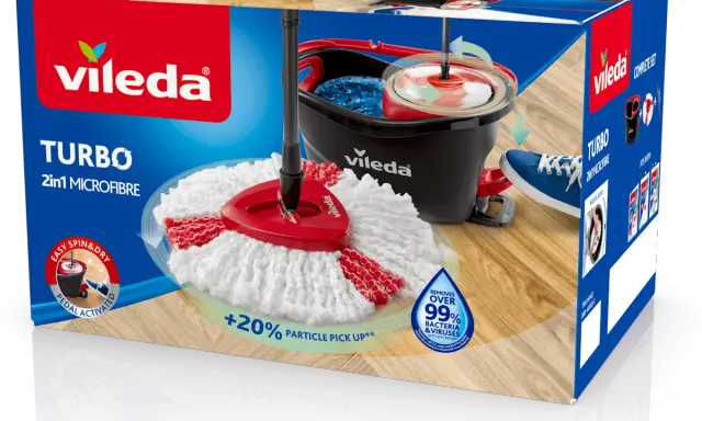 Pudełko mopa obrotowego Vileda Turbo z białą końcówką i czarnym wiadrem.