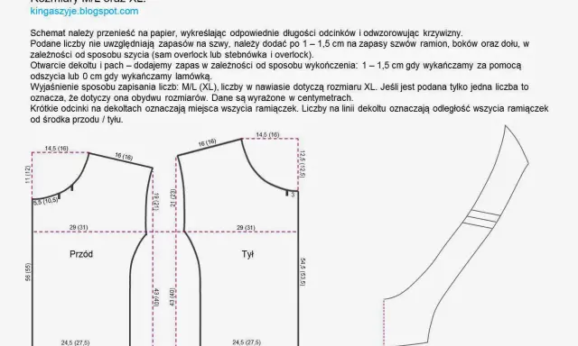 Schemat luźnego topu bez rękawów, idealny do szycia diy. Wzór zawiera wymiary przodu, tyłu i ramiączka.